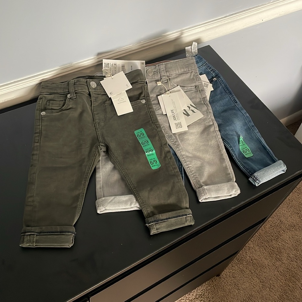 Zara baby denim 6 to 9 months skinny leg grey, denim, and olive green